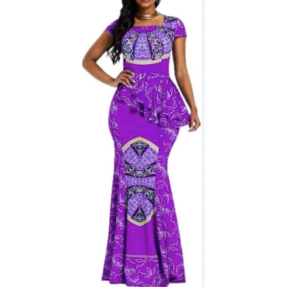 Verwin Dresses & Skirts - African Mermaid Dress Cap Sleeve Square Neck Floor Length Geometric Womens 2XL